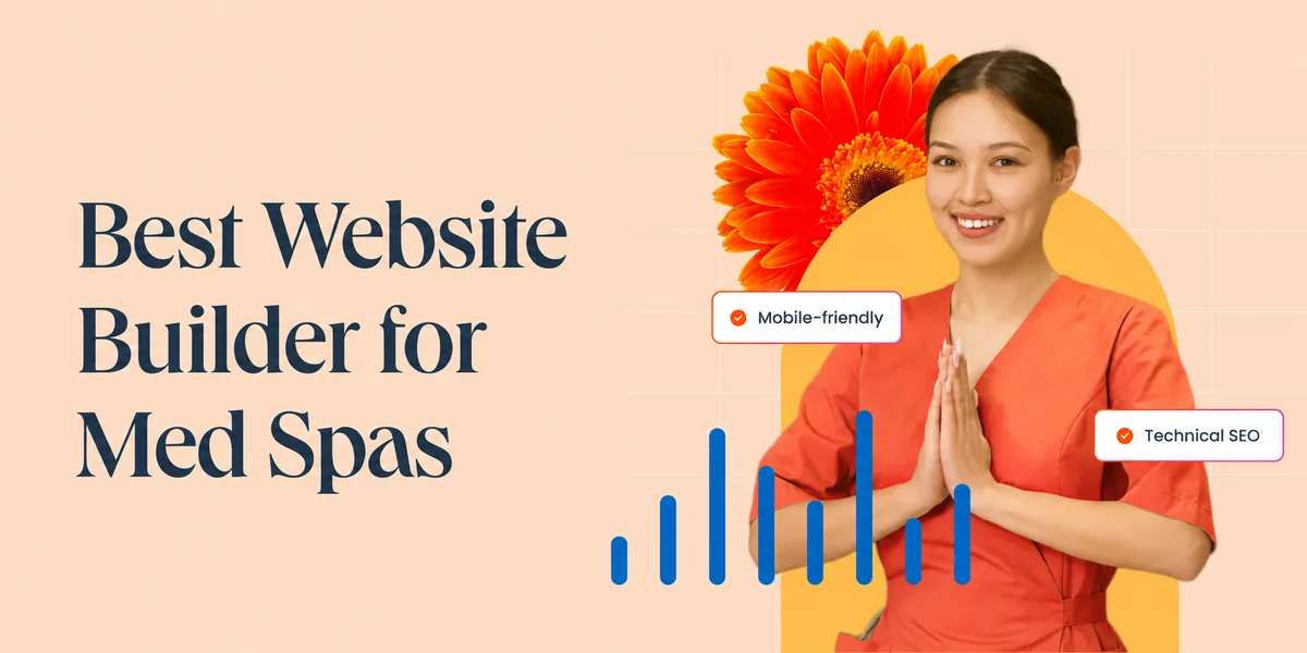 Best website builder for med spas cover with a spa professional and web-design graphics