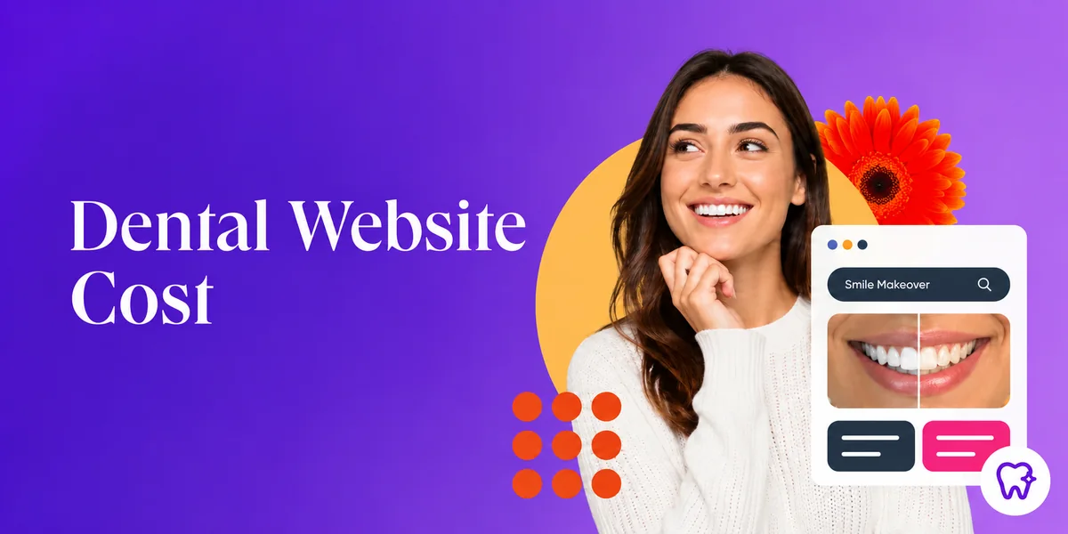 Dental website cost cover with a smiling woman and cosmetic-dentistry interface graphics