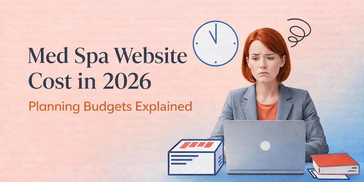 Med Spa Website Cost in 2026 cover with a laptop, clock and planning budgets subtitle