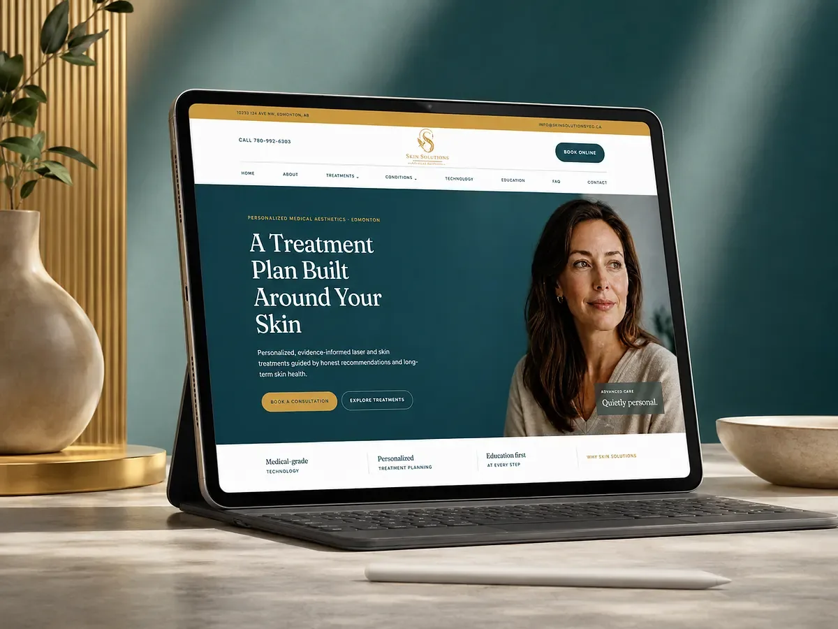 Skin Solutions medical aesthetics website displayed on a tablet