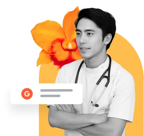 Editorial illustration of a clinician with a stethoscope and a search review graphic