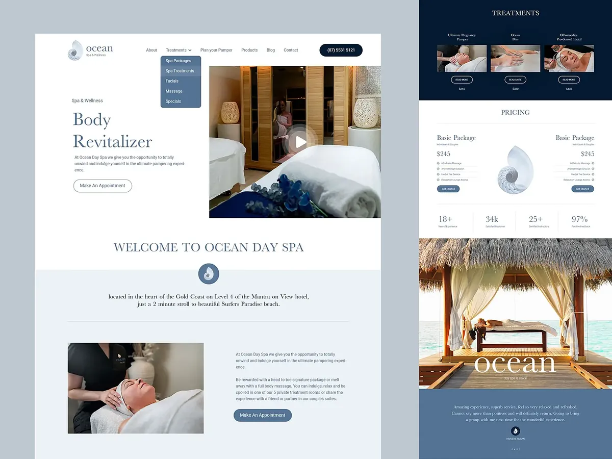 Ocean Day Spa website design presentation showing treatment navigation, spa services and appointment calls to action
