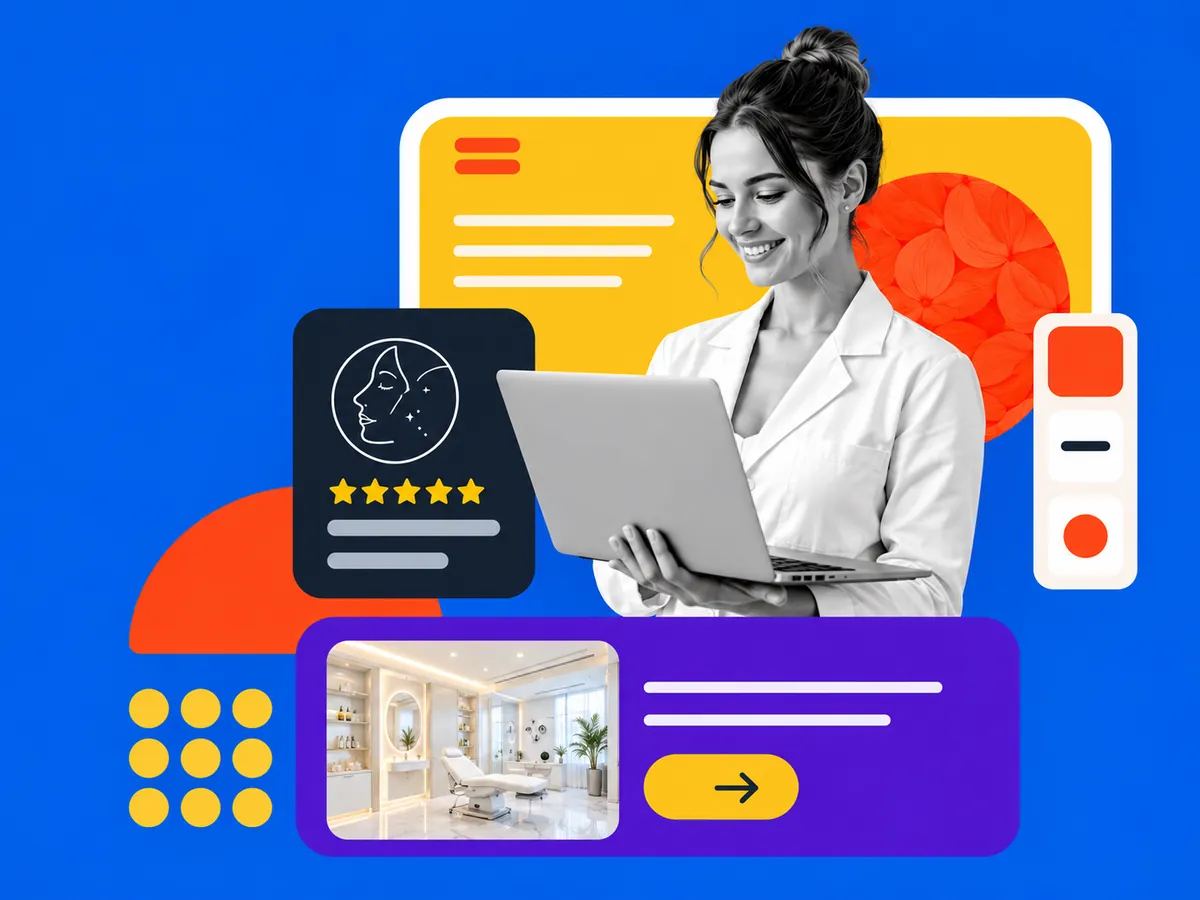 Editorial illustration of a clinician with a laptop, website interface and review stars