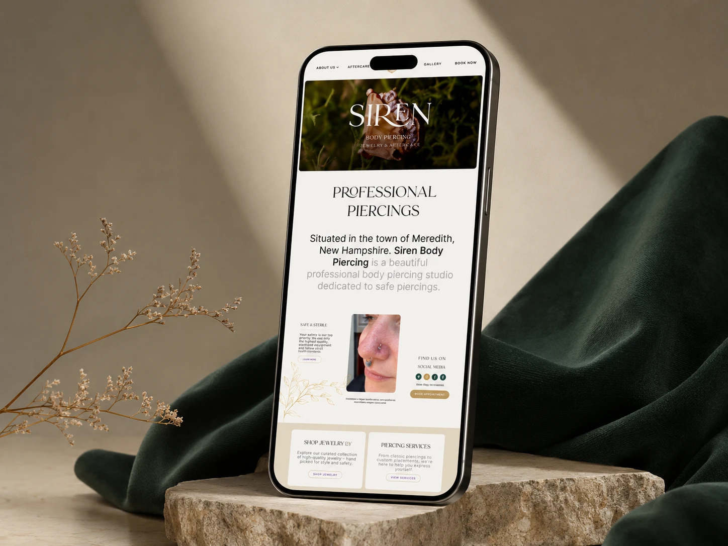 Siren Body Piercing website design shown on a desktop screen