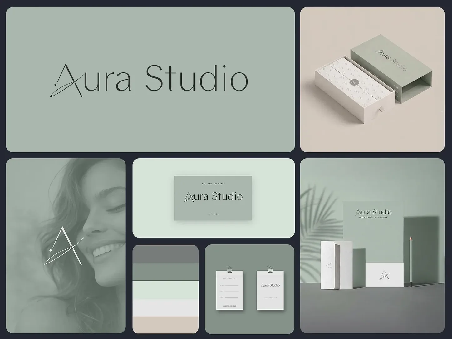 Aura Studio cosmetic dentistry identity board with wordmark and packaging