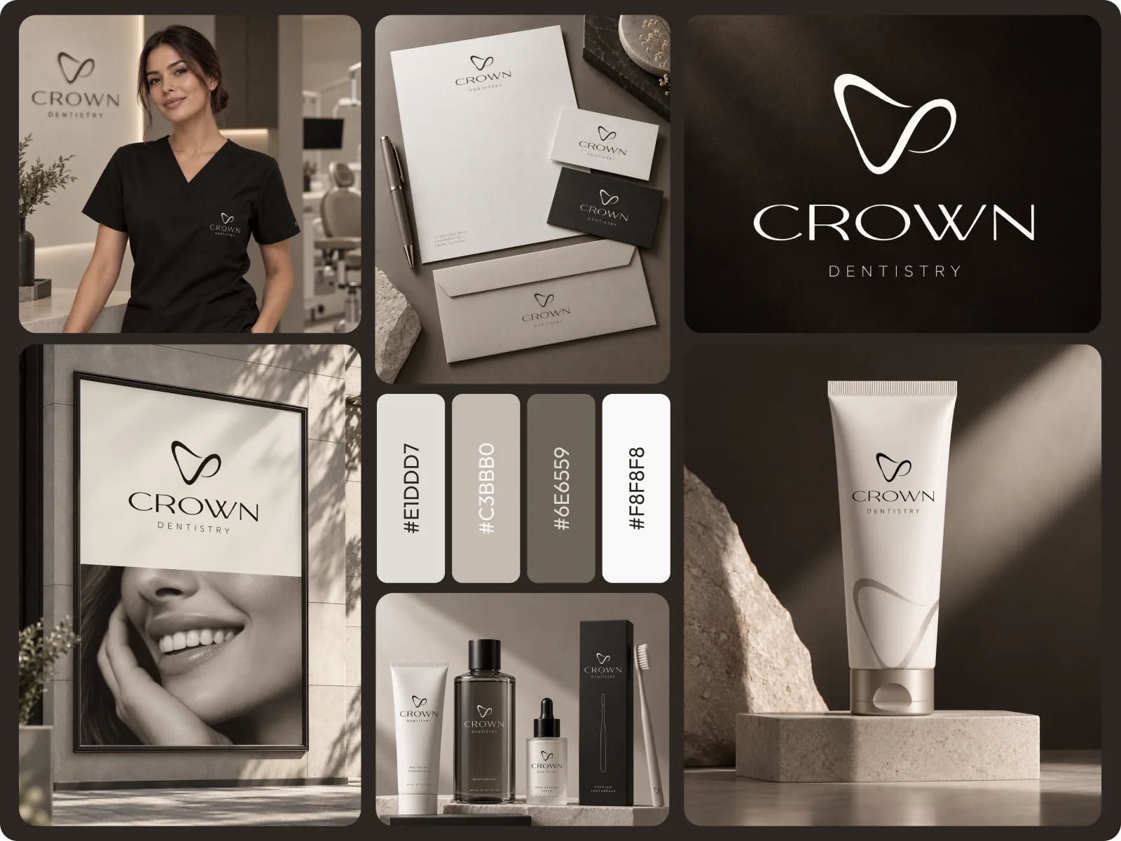 Crown Dentistry identity system: logo, stationery, neutral palette and brand applications