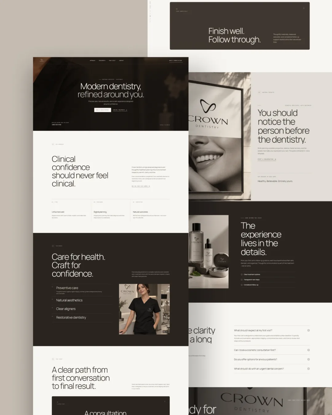 Crown Dentistry website concept: editorial page layouts and patient journey