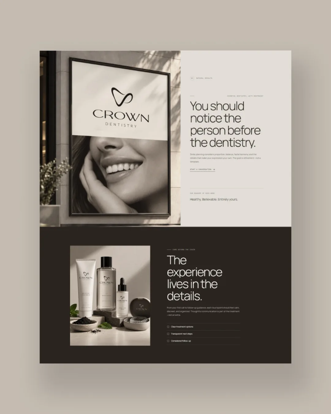 Crown Dentistry website sections: natural results and care beyond the chair