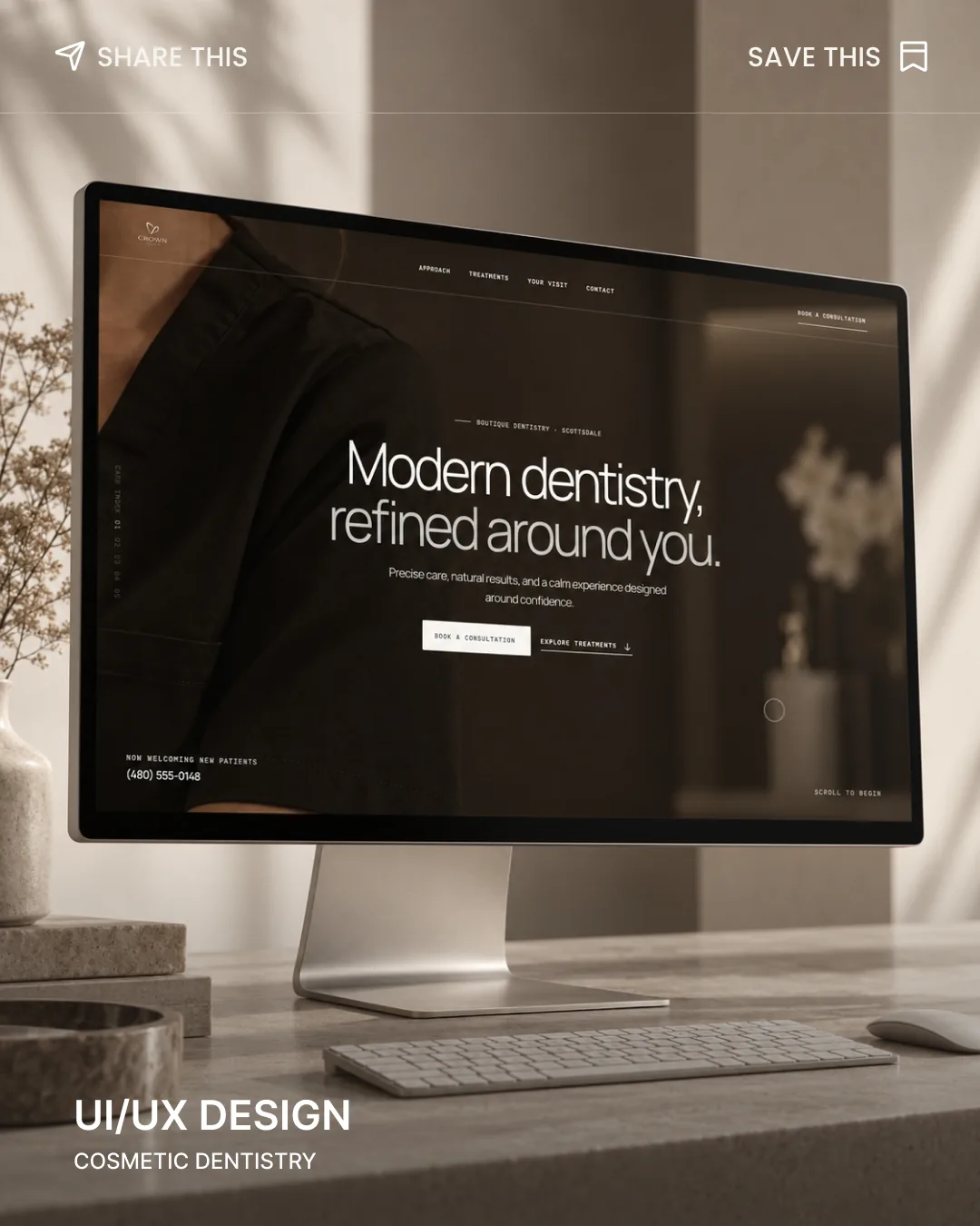 Crown Dentistry homepage displayed on a desktop monitor