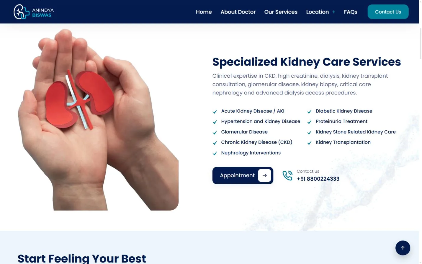 Dr. Anindya Biswas website: kidney-care service information and appointment pathways