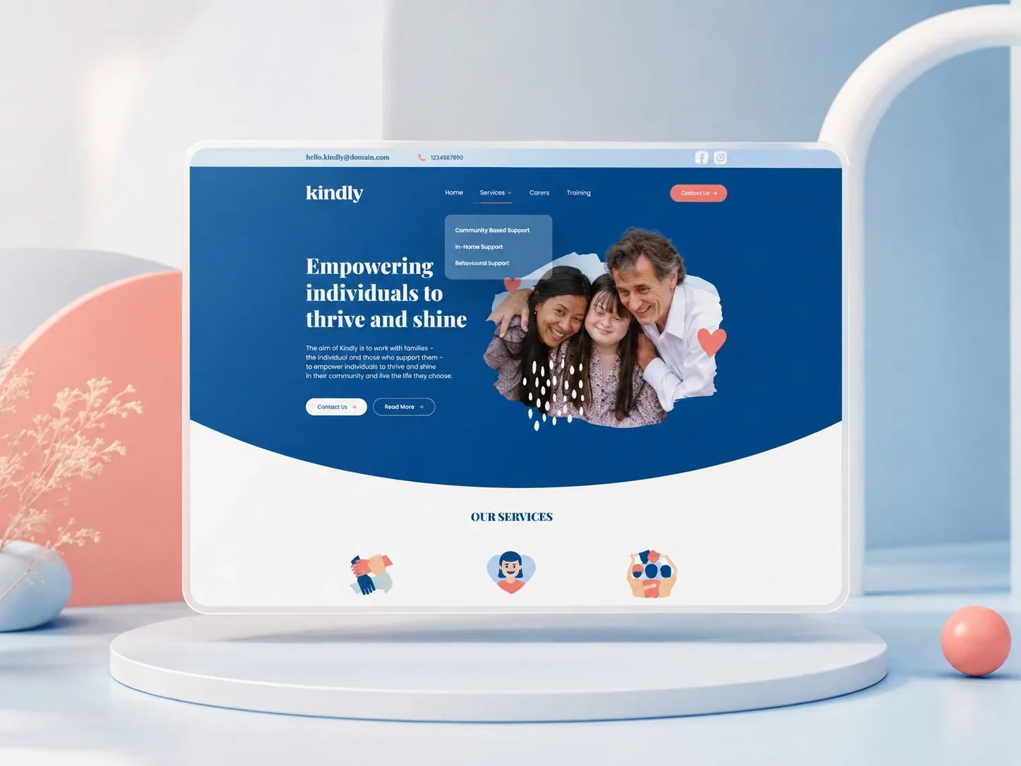 Kindly support-services website with blue typography, rounded photography and soft color accents