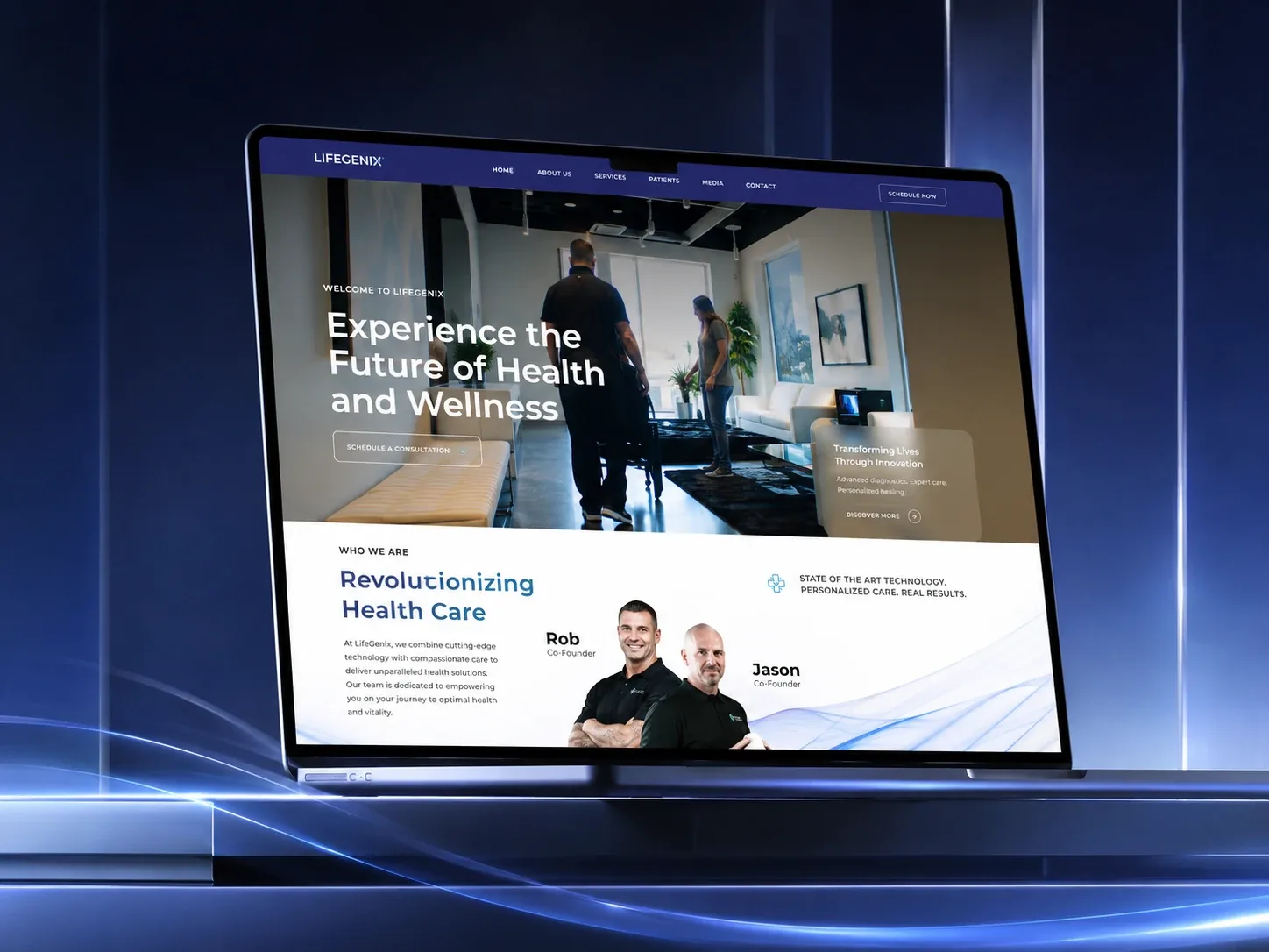 LifeGenix healthcare website displayed in a blue desktop presentation