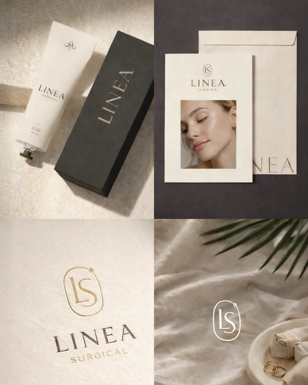Linea Surgical brand identity on packaging, stationery and an embroidered mark