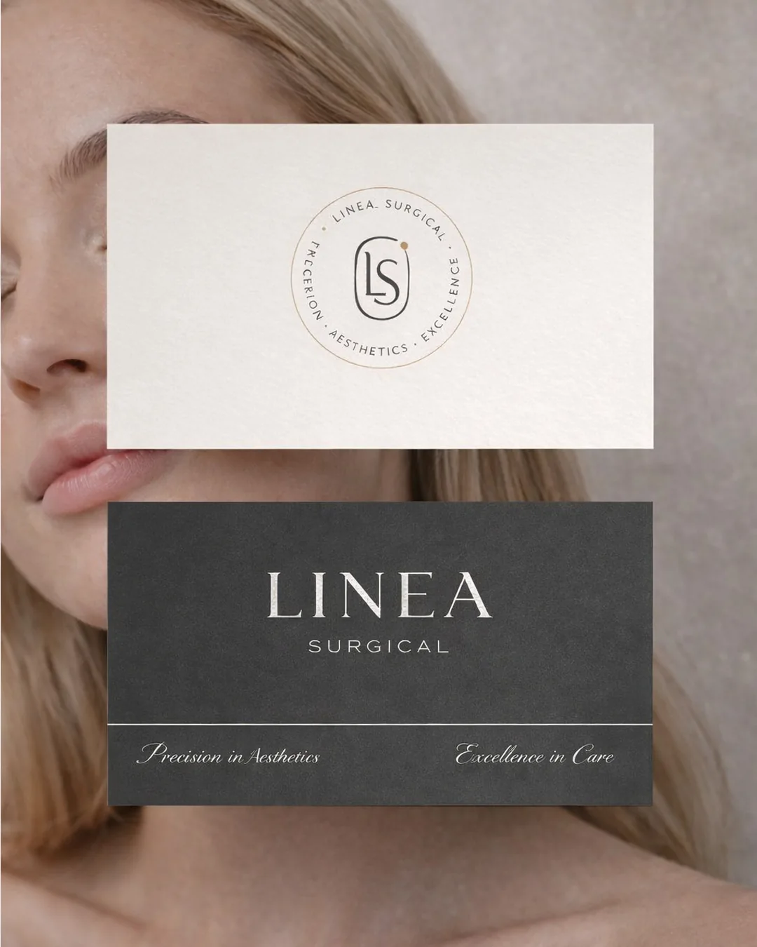 Linea Surgical monogram and wordmark on light and dark stationery