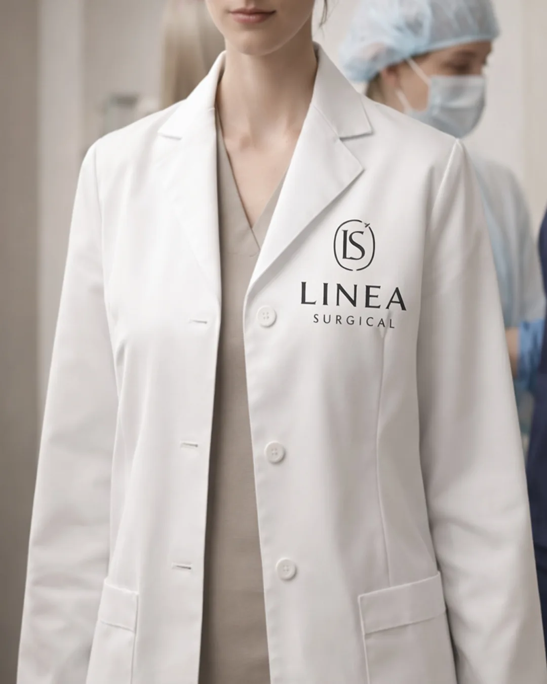 Linea Surgical monogram applied to a clinician uniform mockup