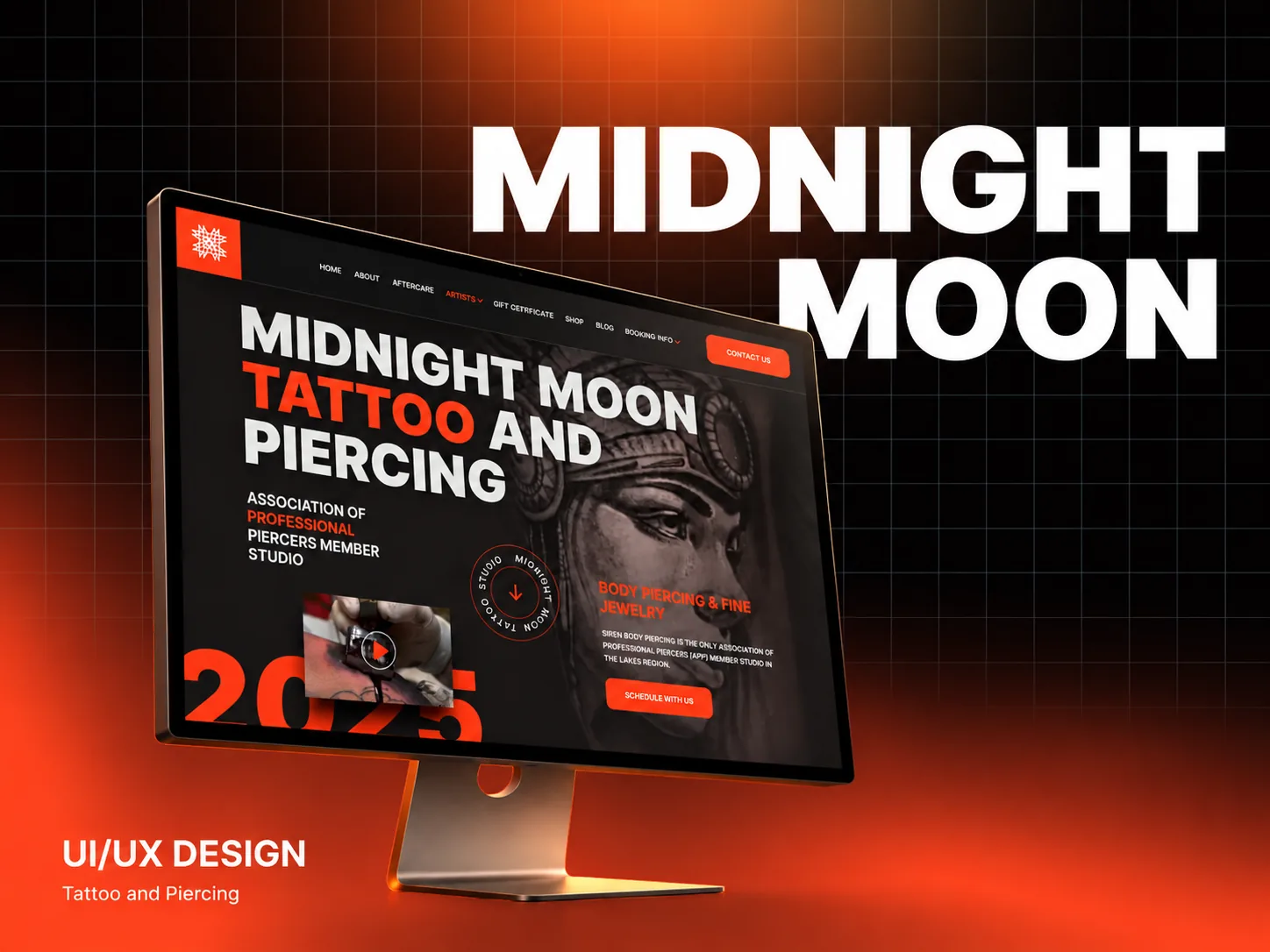 Midnight Moon Tattoo website displayed on a desktop monitor