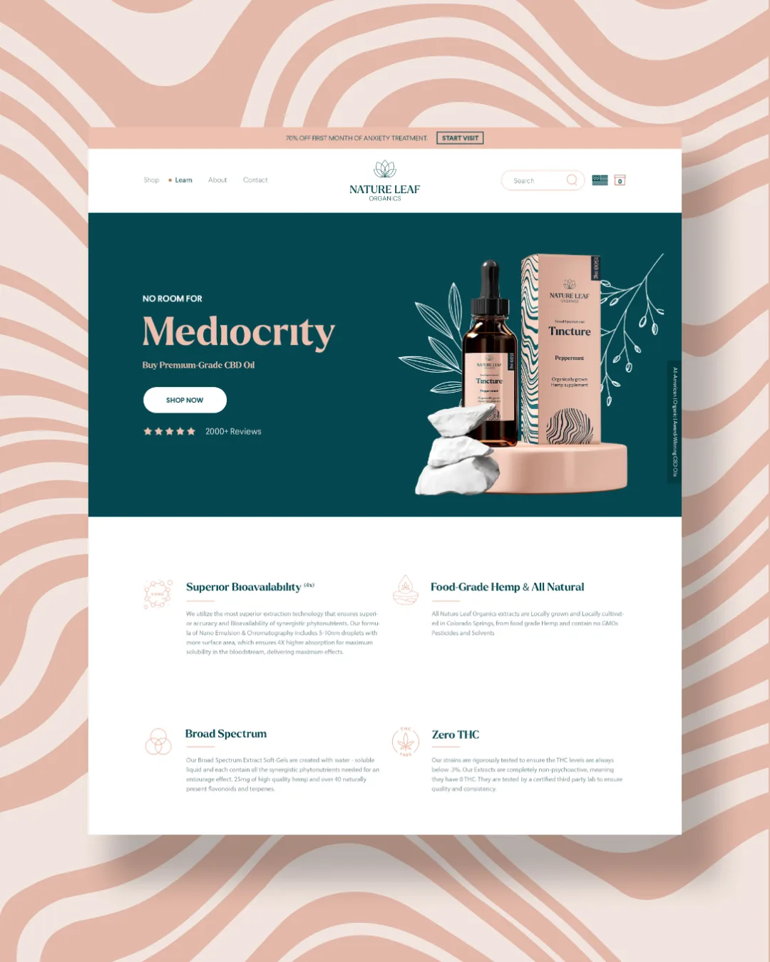 Nature Leaf Organics website hero and educational content panels