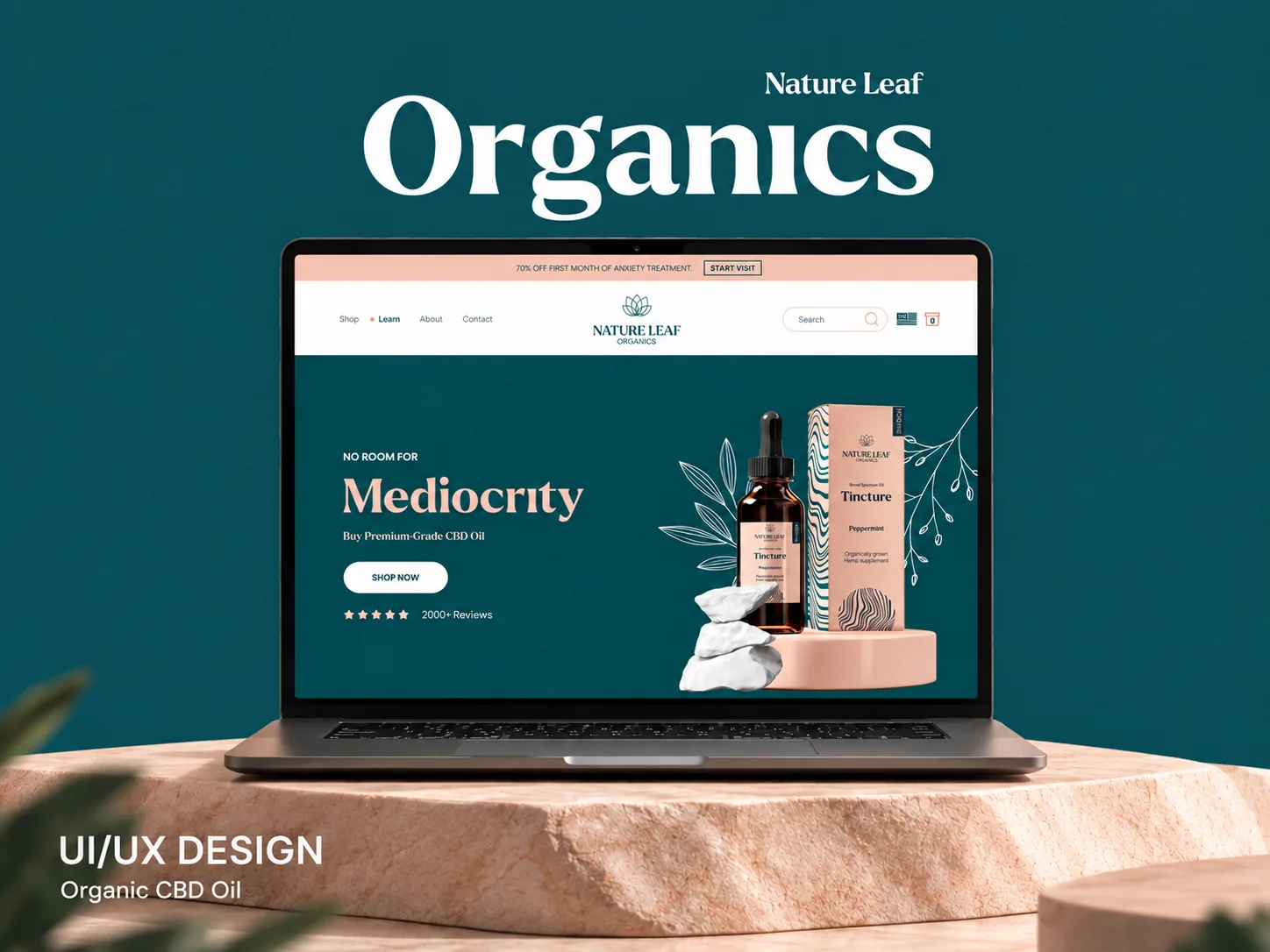 Nature Leaf Organics website displayed on a laptop with teal and peach art direction