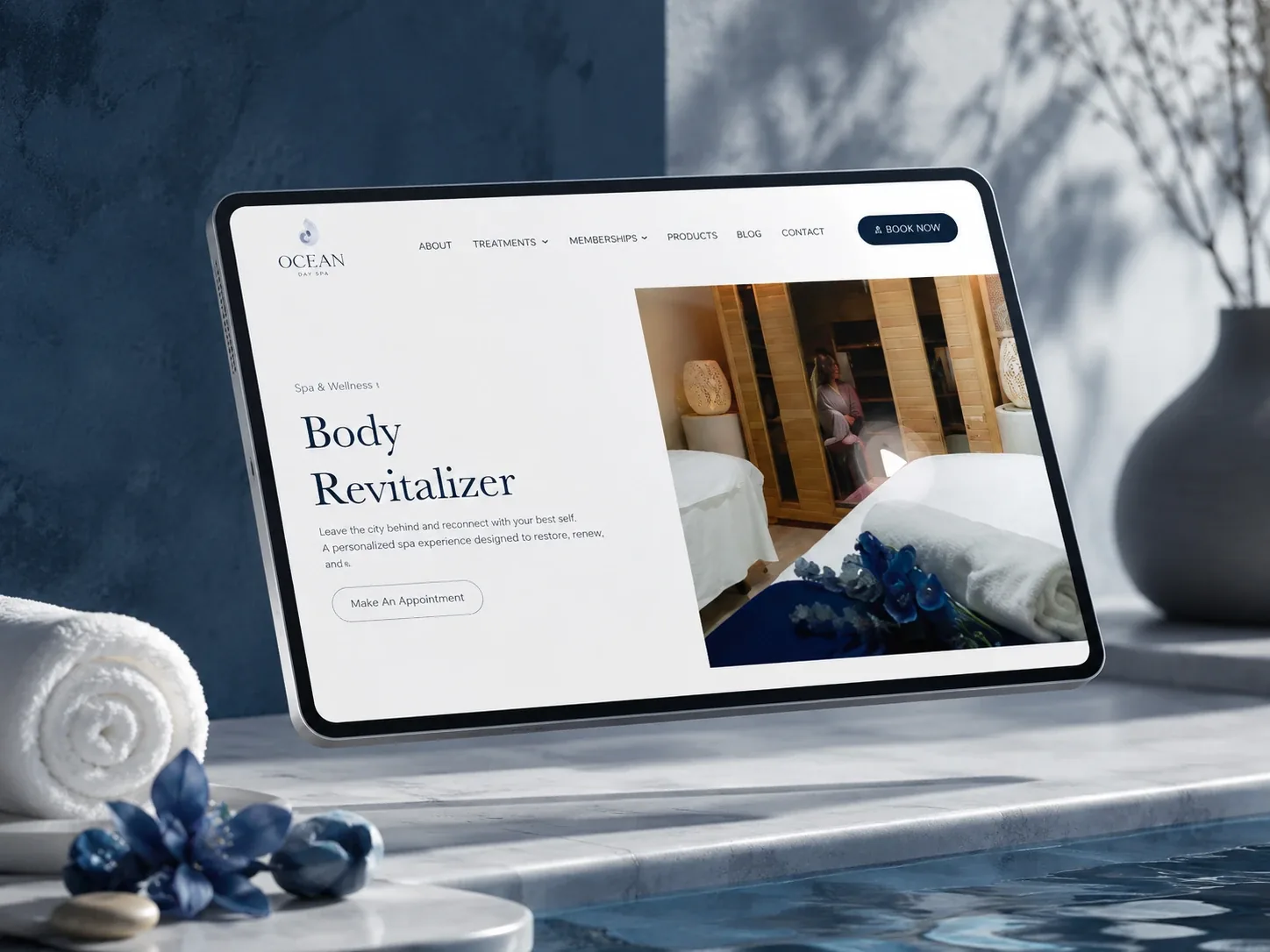 Ocean Day Spa website displayed on a tablet with a coastal blue visual direction
