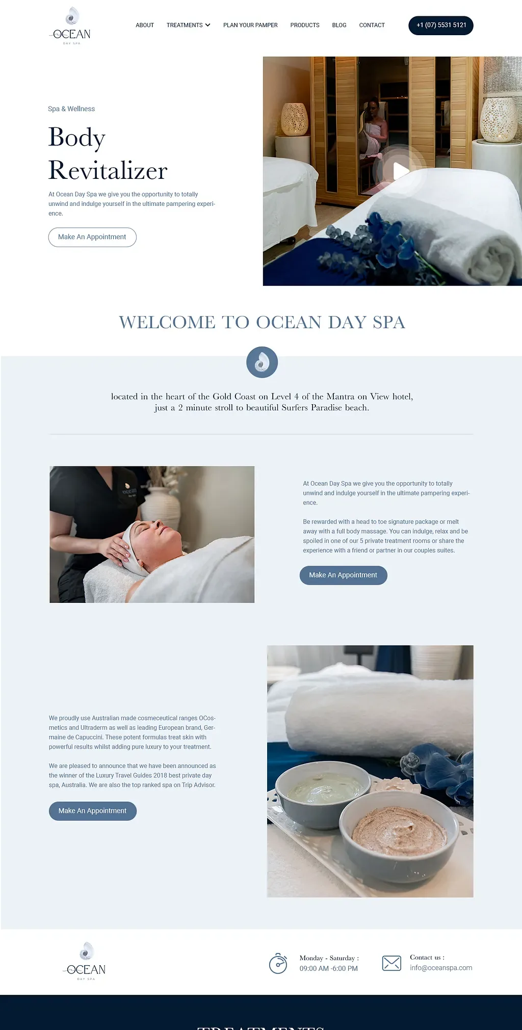 Ocean Day Spa website introduction and treatment-discovery sections