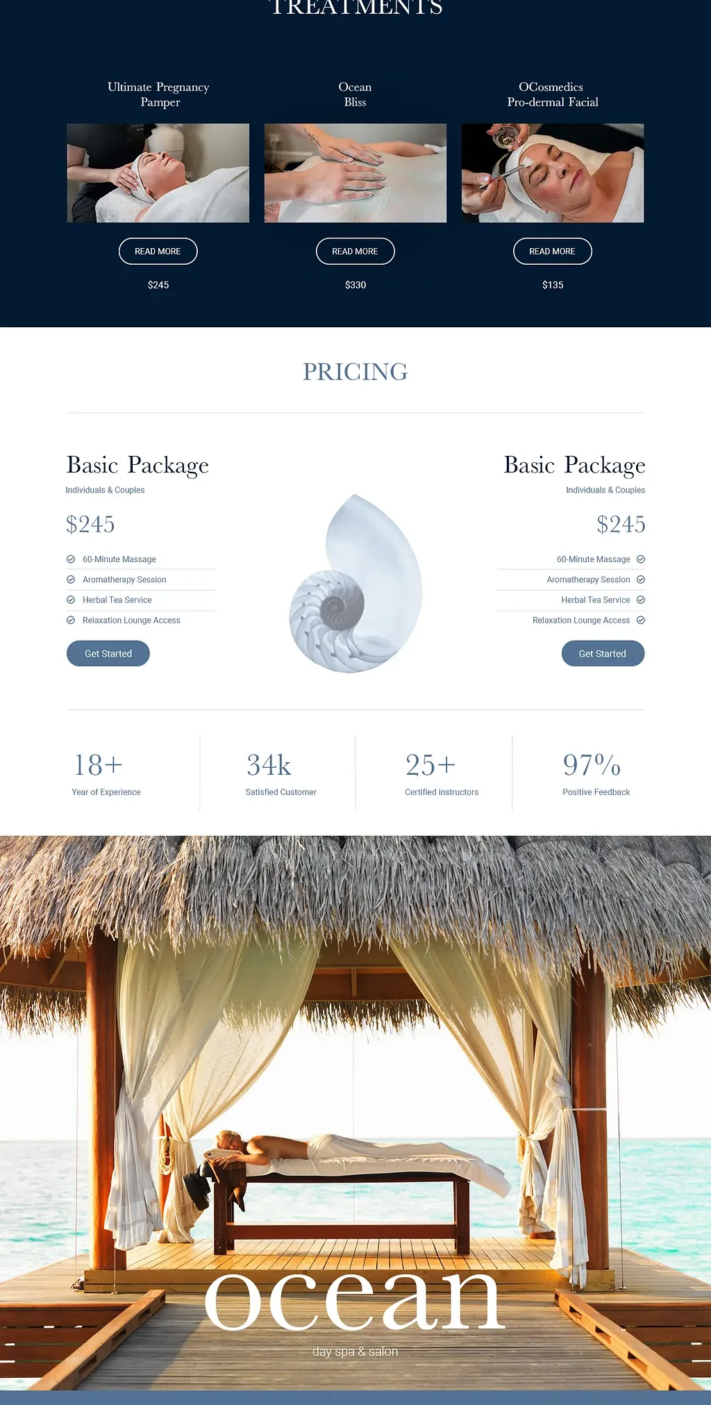 Ocean Day Spa website treatment pricing and coastal visual storytelling