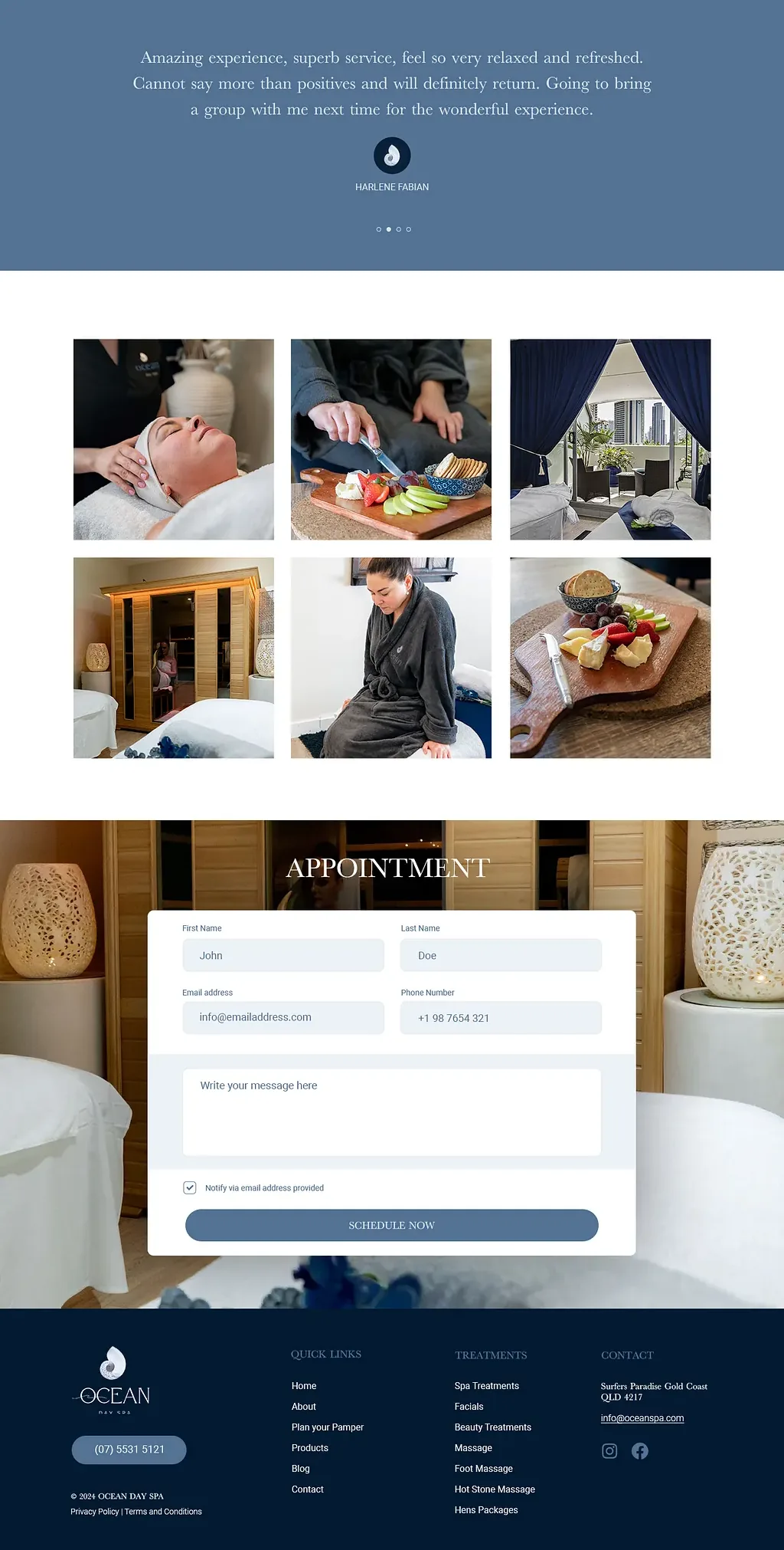 Ocean Day Spa website gallery, appointment enquiry and footer