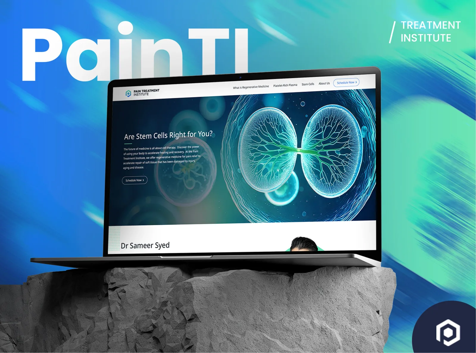PainTI healthcare website presented with teal clinical imagery and specialist information
