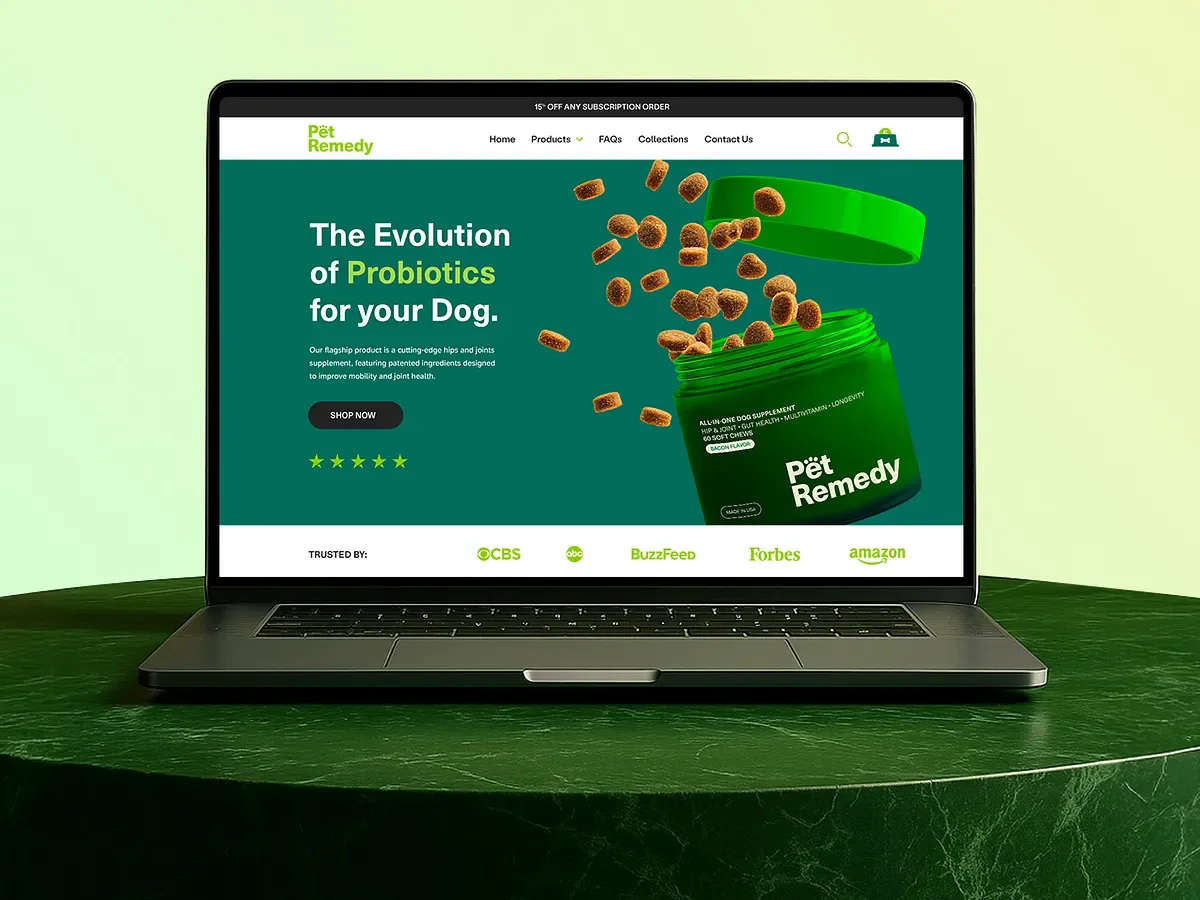 Pet Remedy supplement ecommerce website concept displayed on a laptop