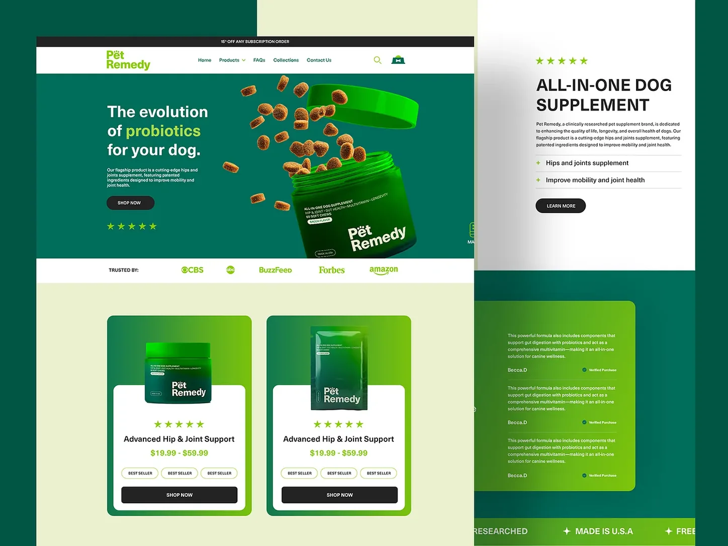 Pet Remedy product-led homepage and ecommerce content layouts