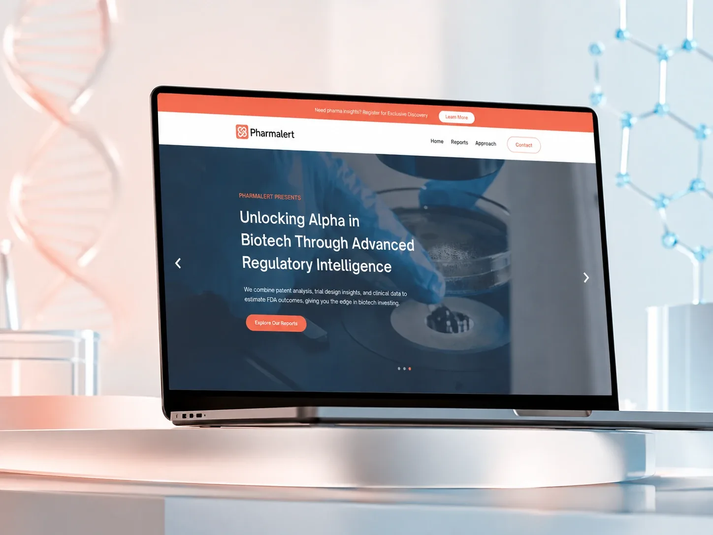 PharmAlert biotech research website with dark-blue hero and regulatory-intelligence messaging