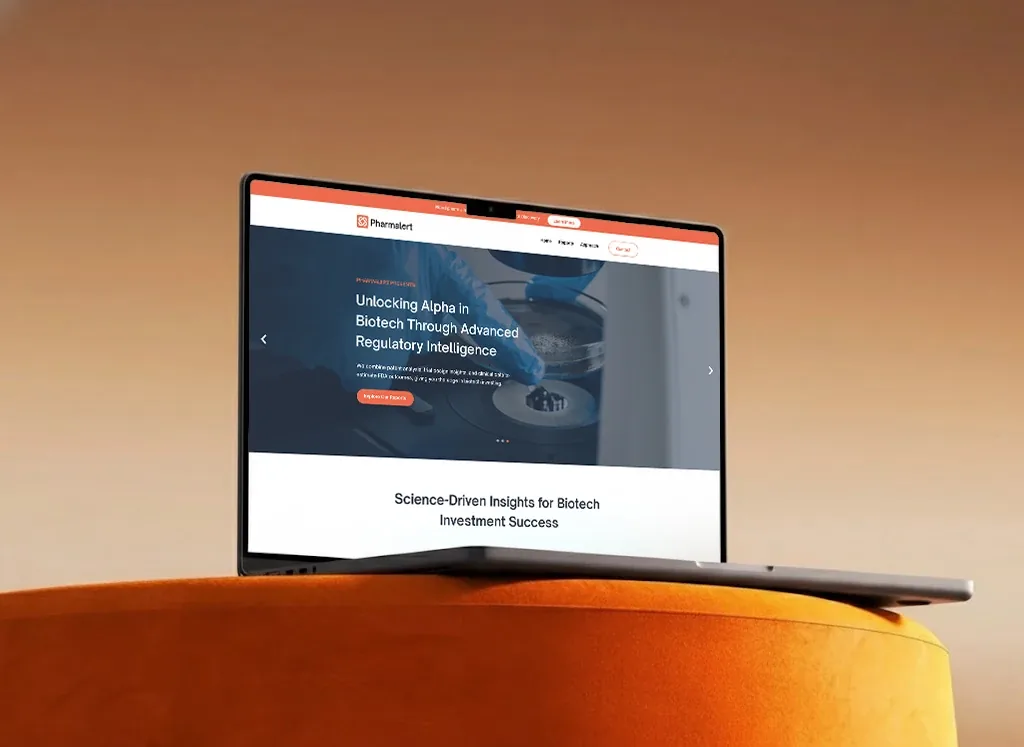 PharmAlert website on a laptop: research-platform positioning and science-led content