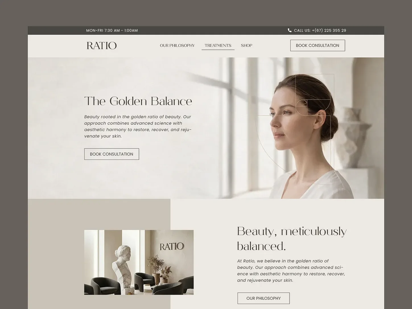 Ratio aesthetic clinic website concept with consultation-led hero and editorial content
