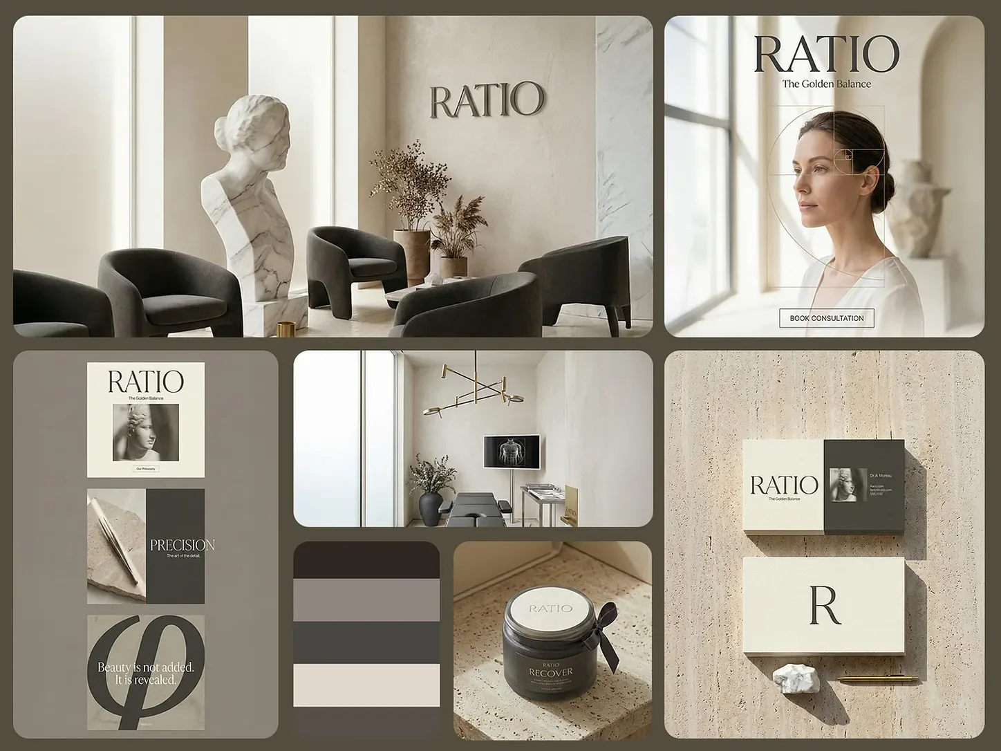 Ratio brand identity board with logo, clinic mockups, palette and stationery