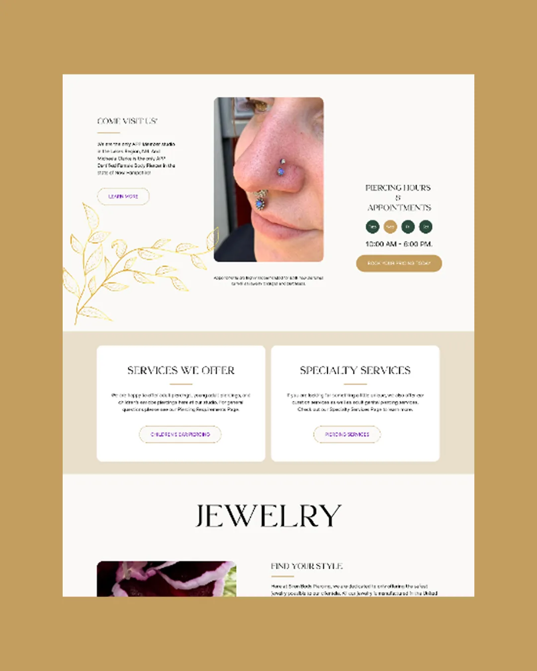 Siren Body Piercing supporting website sections