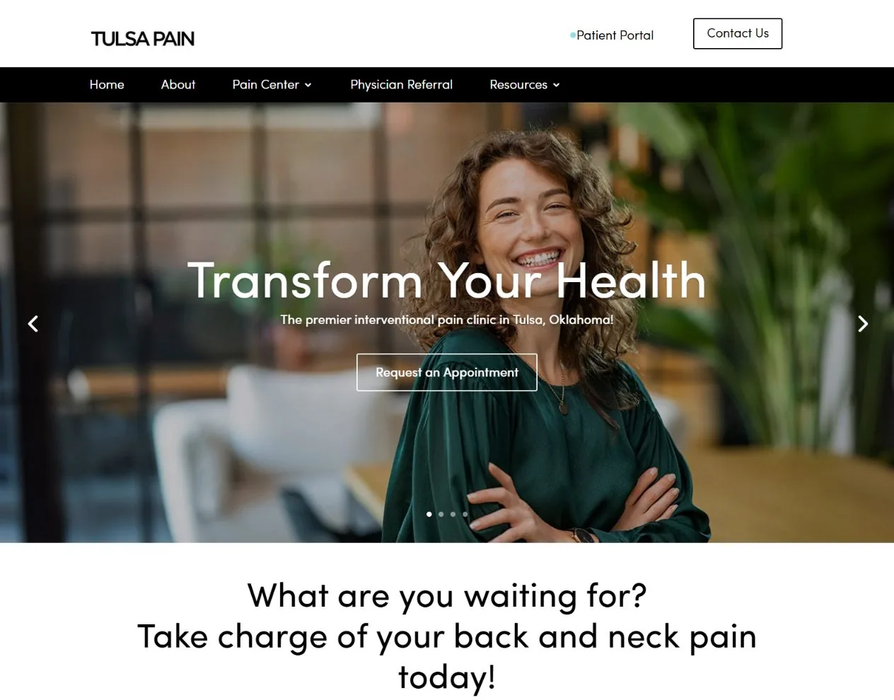 Tulsa Pain live website: specialist care introduction and appointment action