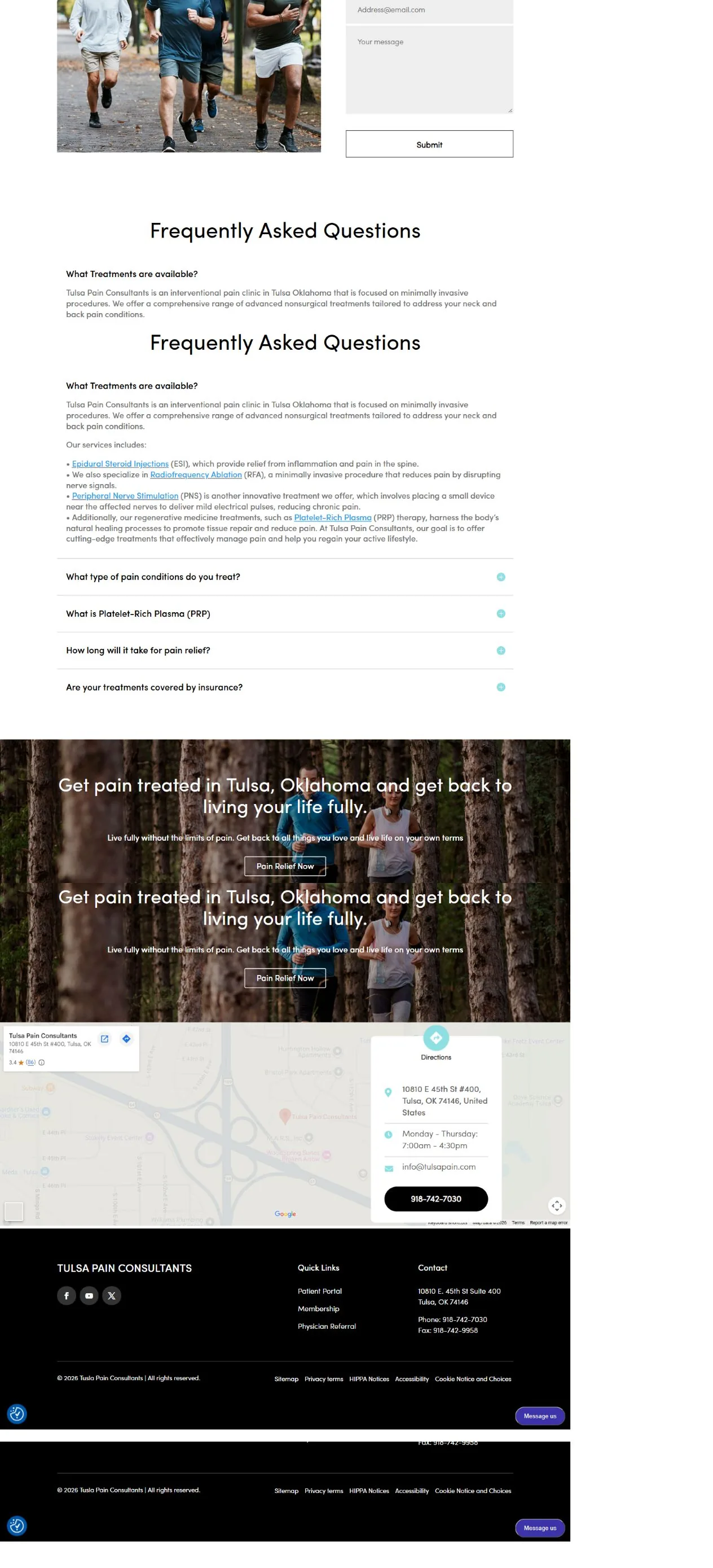 Tulsa Pain website appointment enquiry, frequently asked questions and contact information